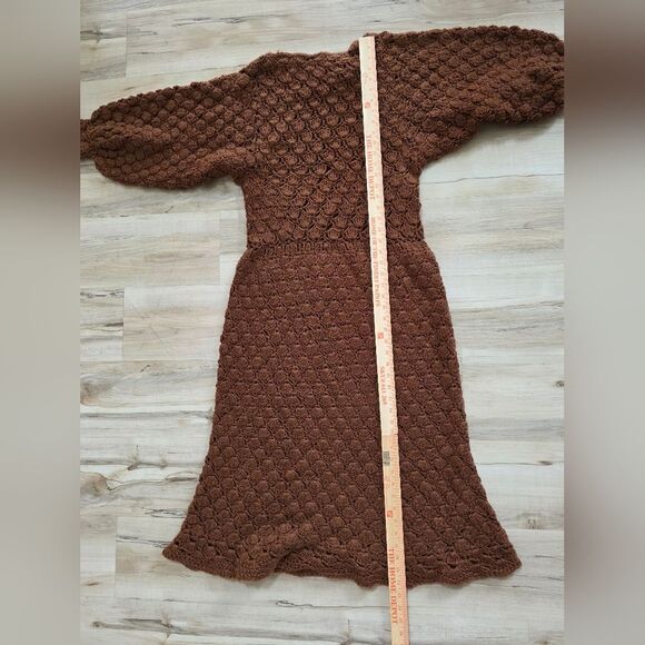 Chocolate Brown Crochet Balloon Sleeve Scallop Fan Design Drop Waist Maxi Dress - Picture 10 of 13